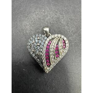CN Signed Silver Tone Pink & Blue Sapphire Clear Cubic Zirconia Heart Pendant